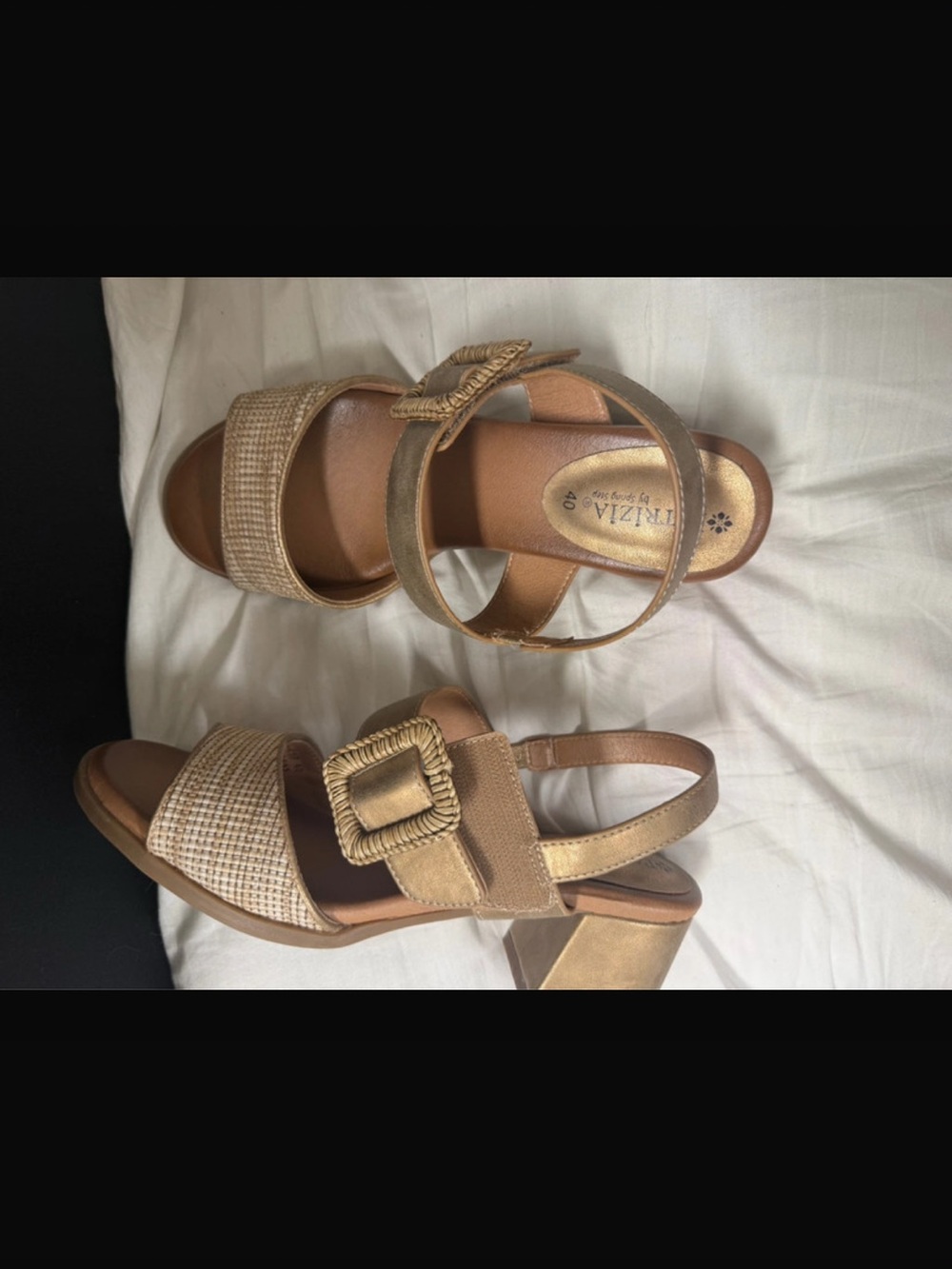 Woven Strap Tan Block Heel Sandals with Buckle